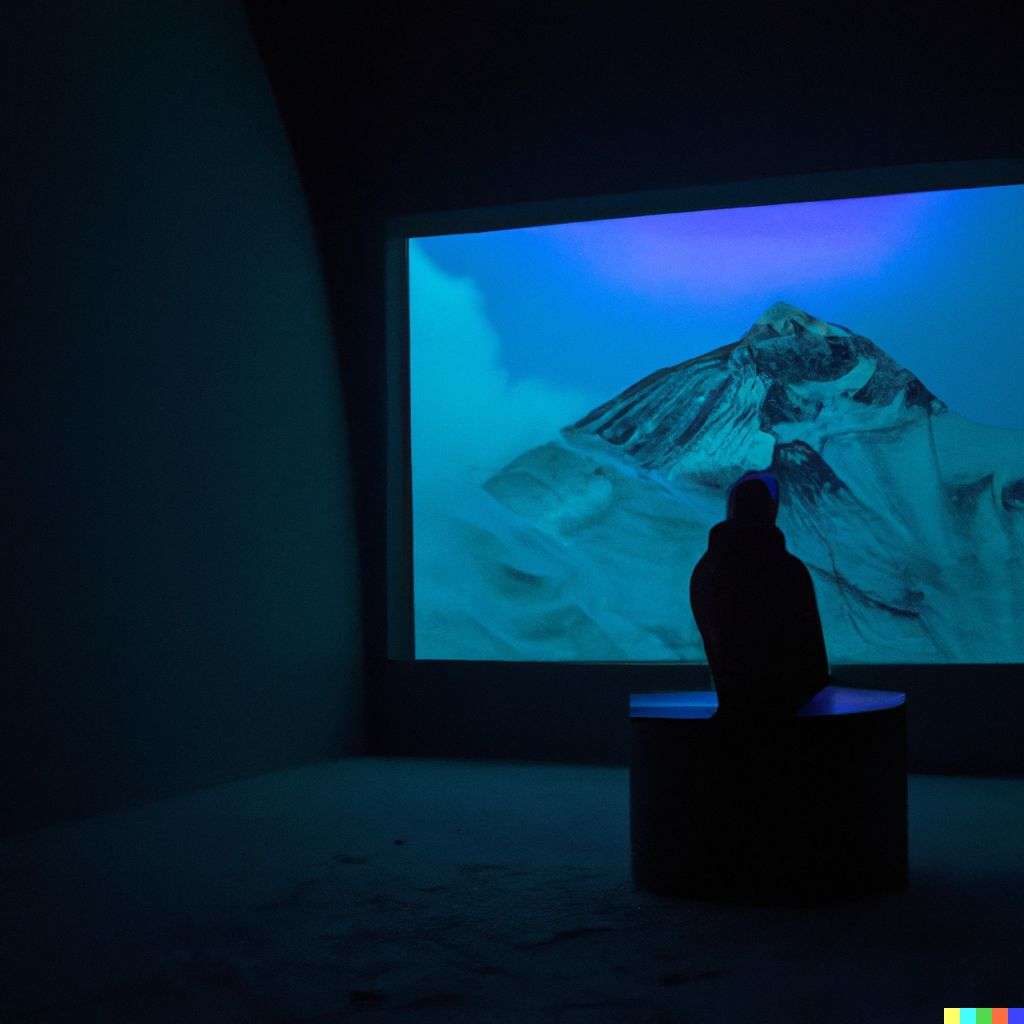 someone gazing at Mount Everest in a light installation by James Turrell, photograph